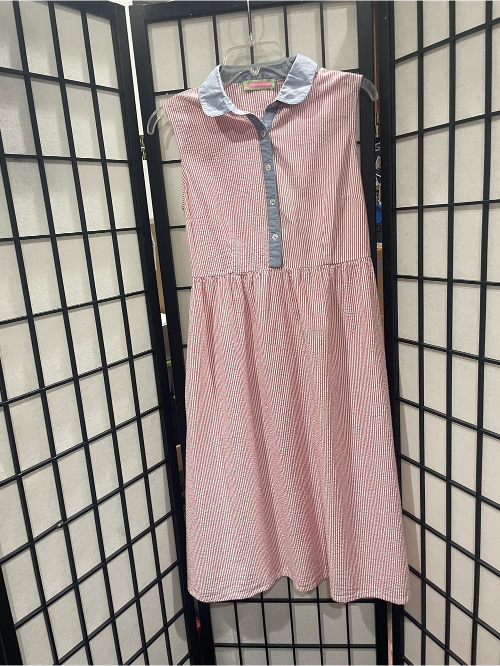 Girls' Pink Seersucker Sleeveless Dress with Contrast Collar